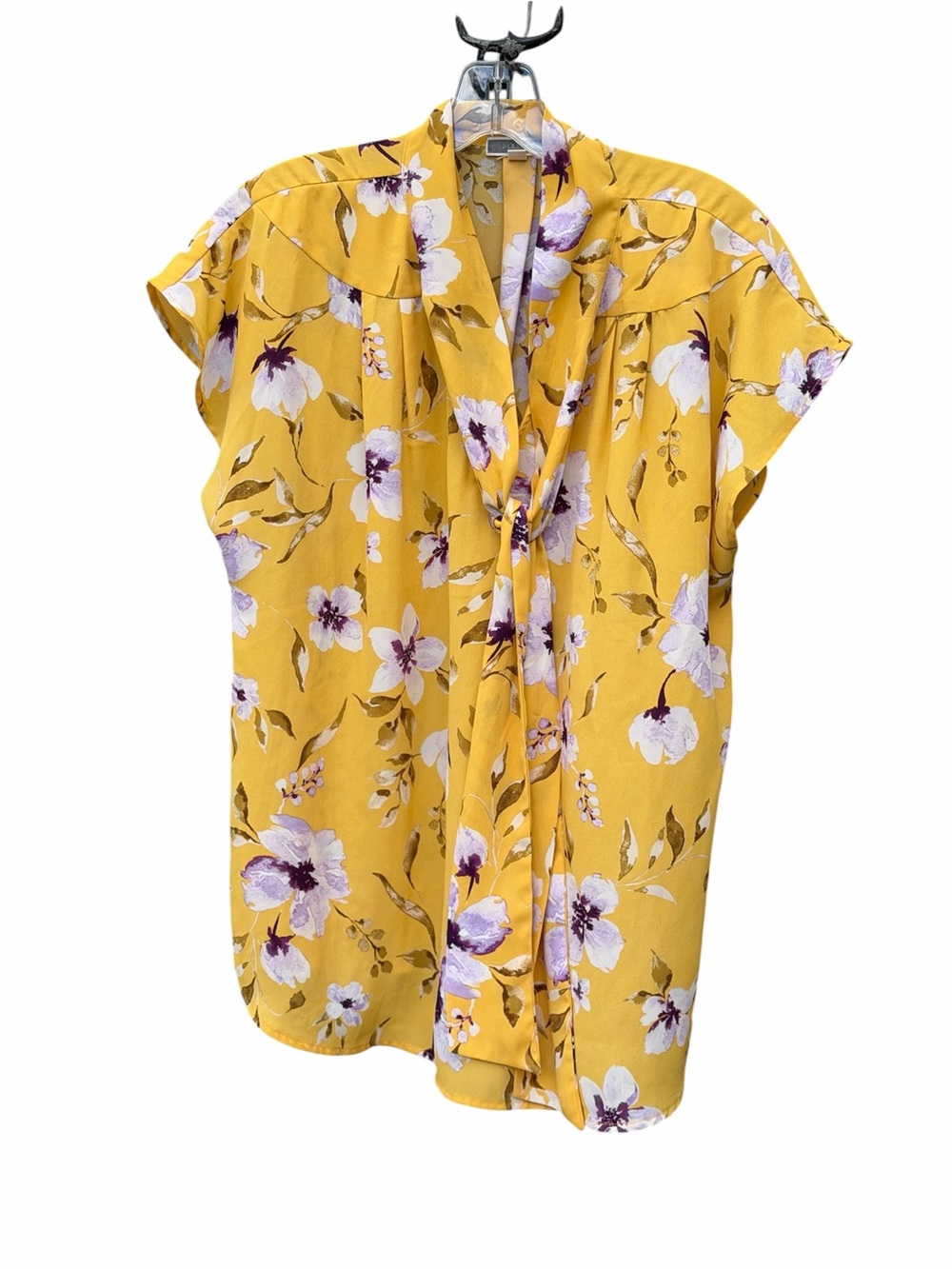 Pleione Yellow Floral Tie-Neck Blouse- XL